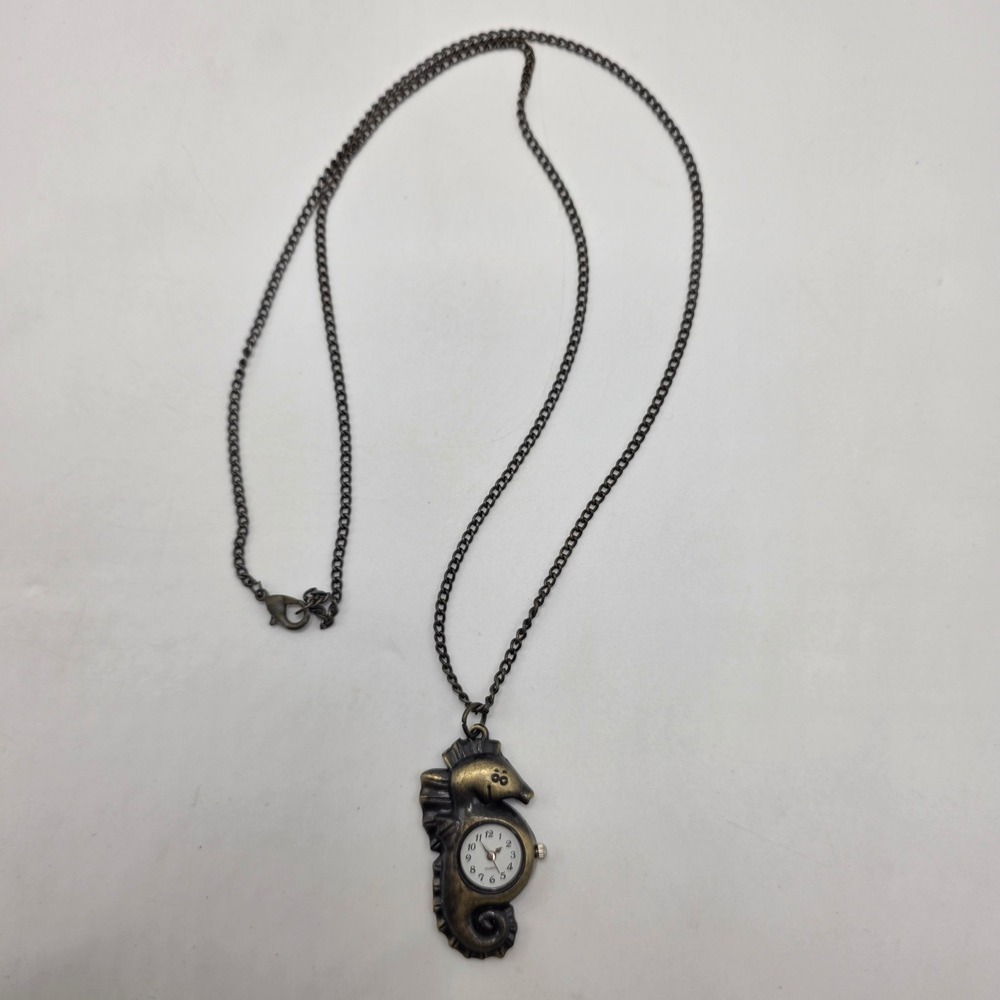 Seahorse Pendant Watch Bronze Tone Nautical Quartz Boho Necklace